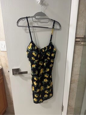 Planet Gold Black Mini Dress with Yellow Lemon Print